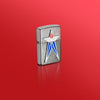 Lifestyle image of Zippo Red White and Blue Star Street Chrome Windproof Lighter standing in a red scene.