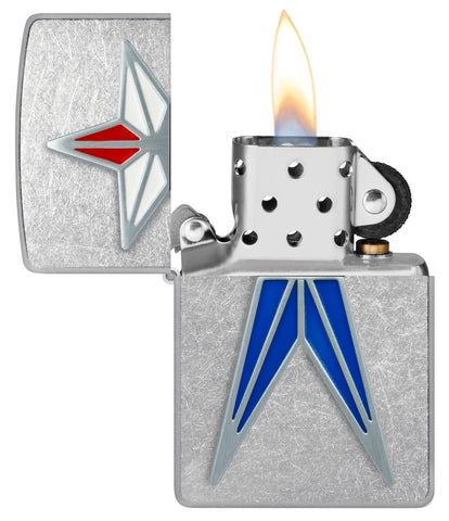 Zippo Red White and Blue Star Street Chrome Windproof Lighter with its lid open and lit.