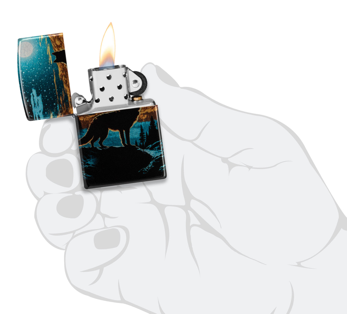 Zippo Moonlight Wolf Design 540 Tumbled Chrome Windproof Lighter lit in hand.