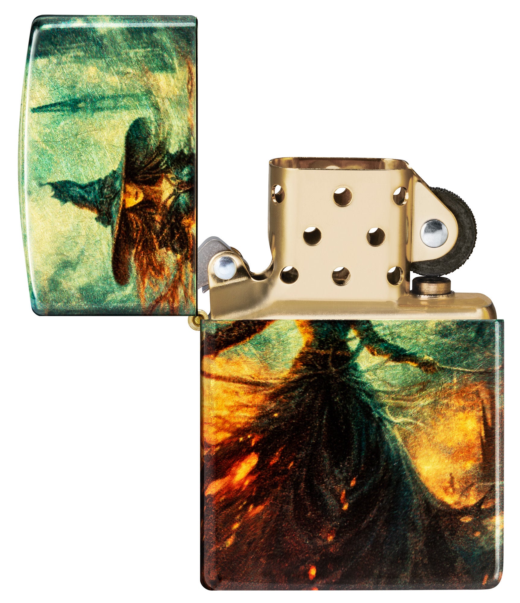 Zippo Fire Mage Design 540 Tumbled Brass Windproof Lighter with its lid open and unlit.