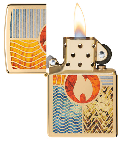 Zippo Elements of Earth Design High Polish Brass Windproof Lighter with its lid open and lit.