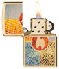 Zippo Elements of Earth Design High Polish Brass Windproof Lighter with its lid open and lit.