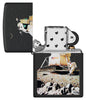Zippo Norman Rockwell Man on the Moon Black Matte Windproof Lighter with its lid open and unlit.