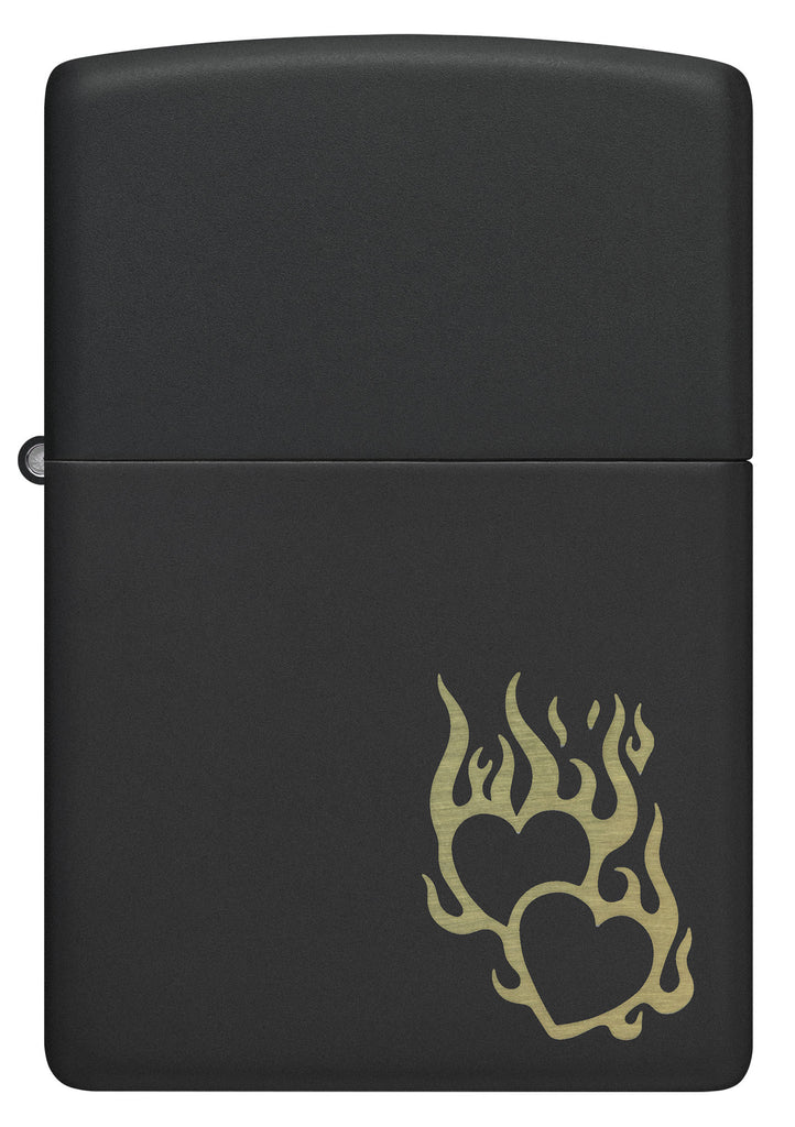 Front view of Zippo Fire Heart Design Black Matte Windproof Lighter.