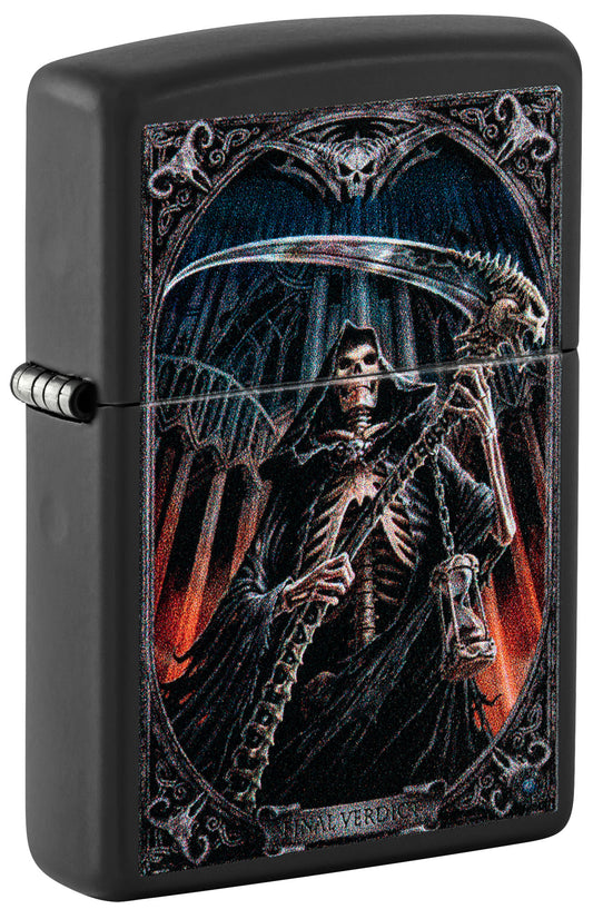 Front shot of Zippo Anne Stokes Final Verdict Black Matte Windproof Lighter standing at a 3/4 angle.