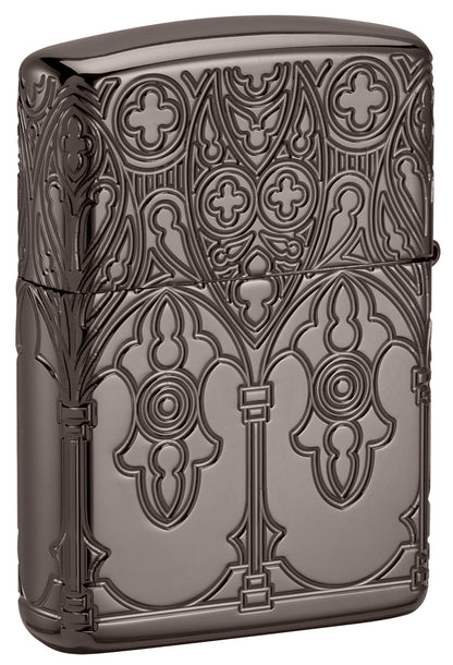 Back shot of Zippo Gothic Window Design ArmorÂ® Black IceÂ® Windproof Lighter standing at a 3/4 angle.