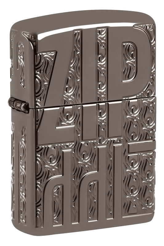 Front shot of Zippo Reverse Carve Zippo Design ArmorÂ® Black IceÂ® Windproof Lighter standing at a 3/4 angle.