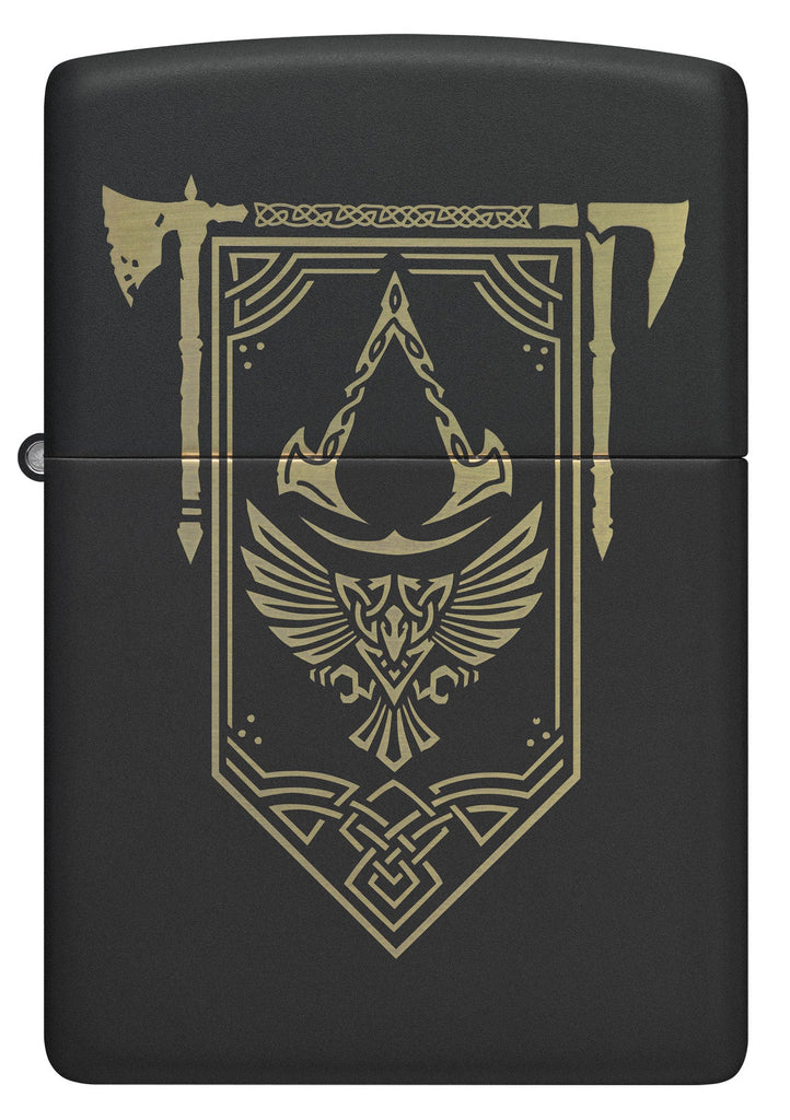 Front view of Zippo Assassin's Creed Design Black Matte Windproof Lighter.