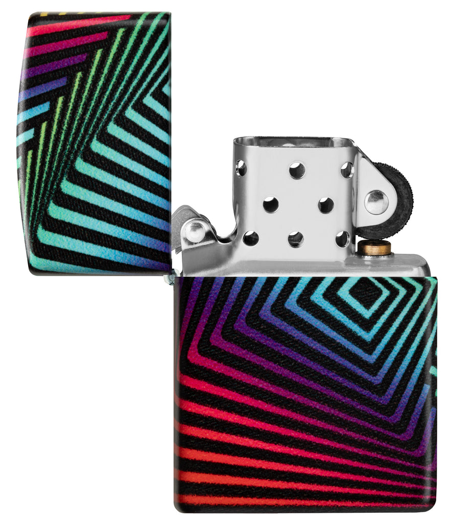  Zippo Rainbow Pattern Design 540 Color Windproof Lighter with its lid open and unlit.