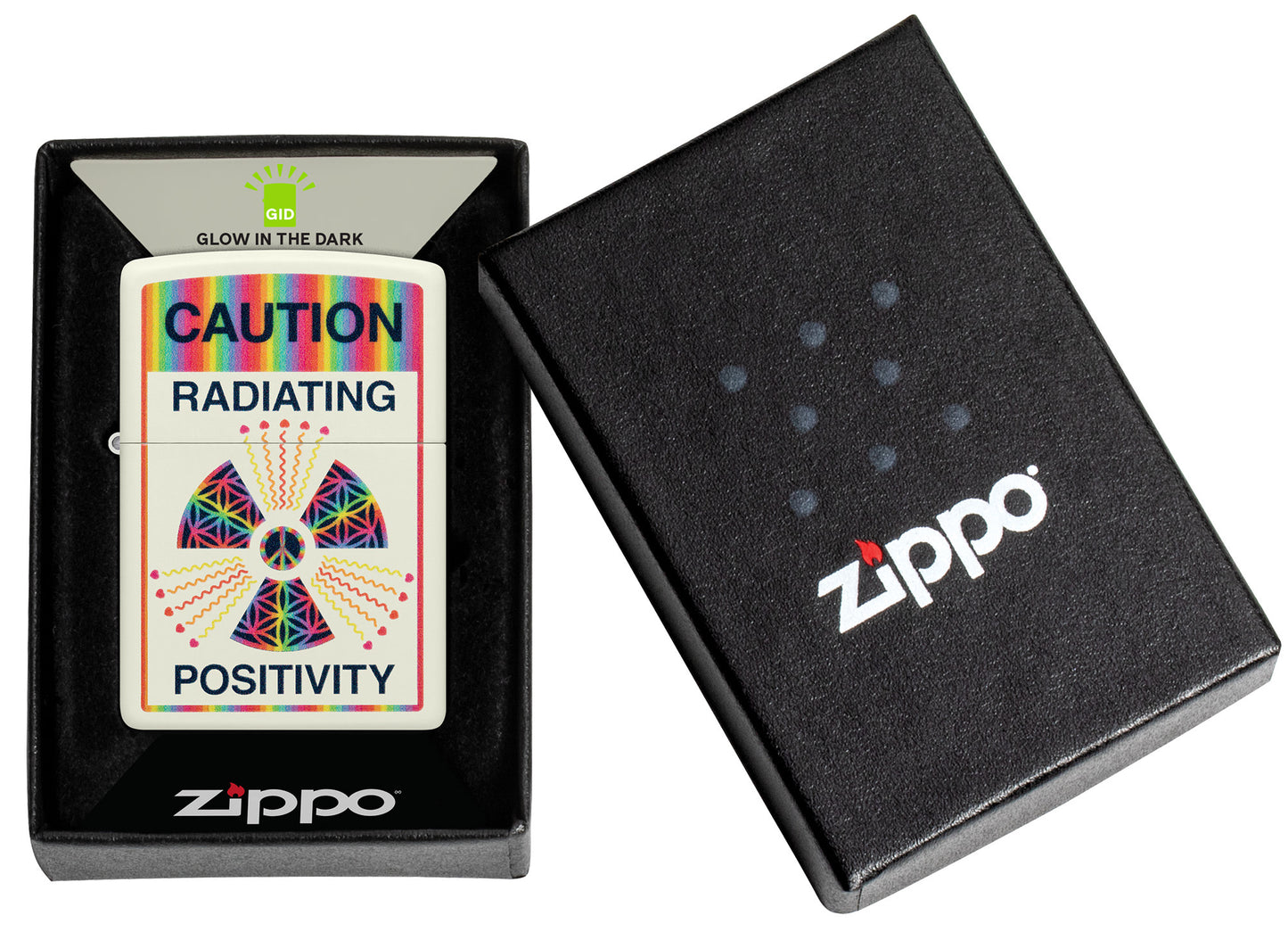 Zippo Glowing Positivity Design Glow in the Dark Windproof Lighter in its packaging.