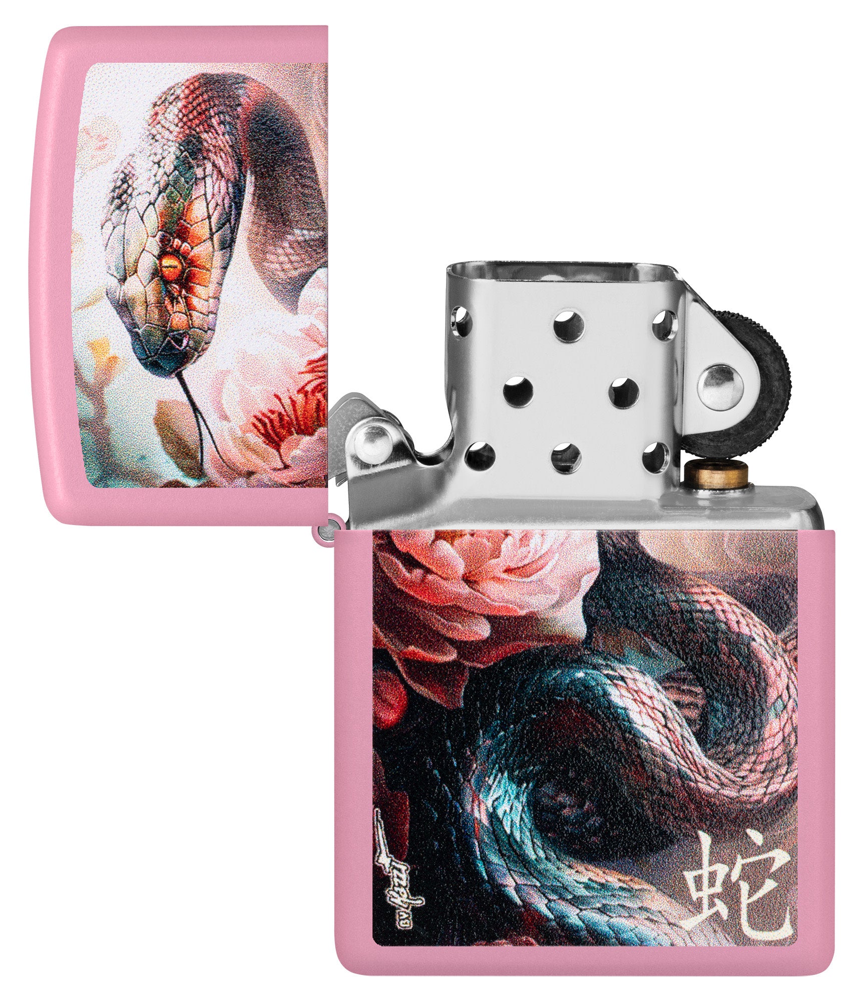 Zippo MazziÂ® Snake and Flower Design Pink Matte Windproof Lighter with its lid open and unlit.