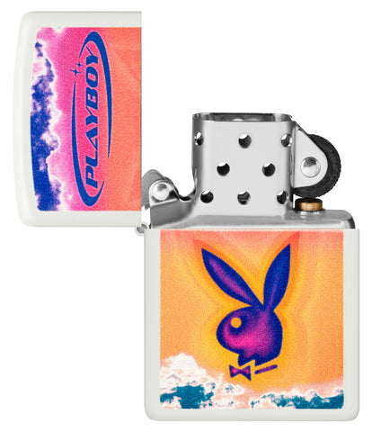 Zippo Playboy White Matte Windproof Lighter with its lid open and unlit.