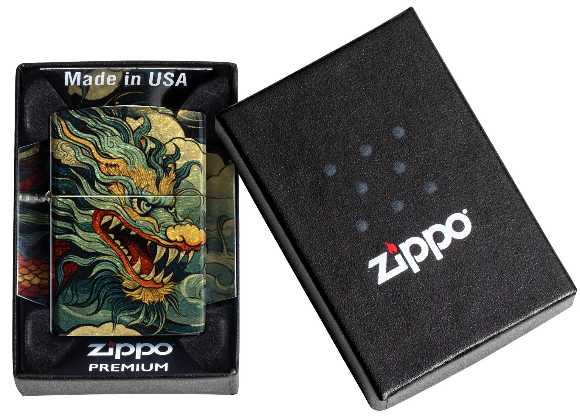 Zippo Dragon Fusion Design 540 Tumbled Brass Windproof Lighter in its packaging.