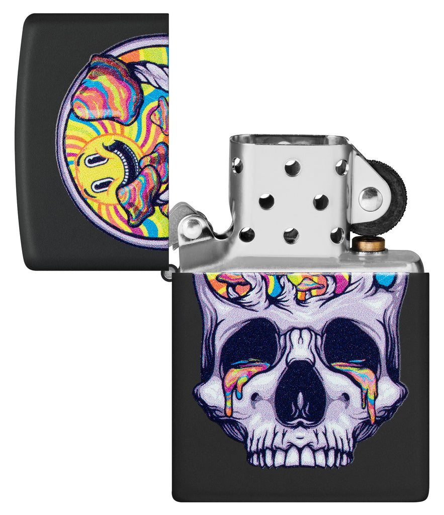 Zippo Skull Moon Design Black Matte Windproof Lighter with its lid open and unlit.