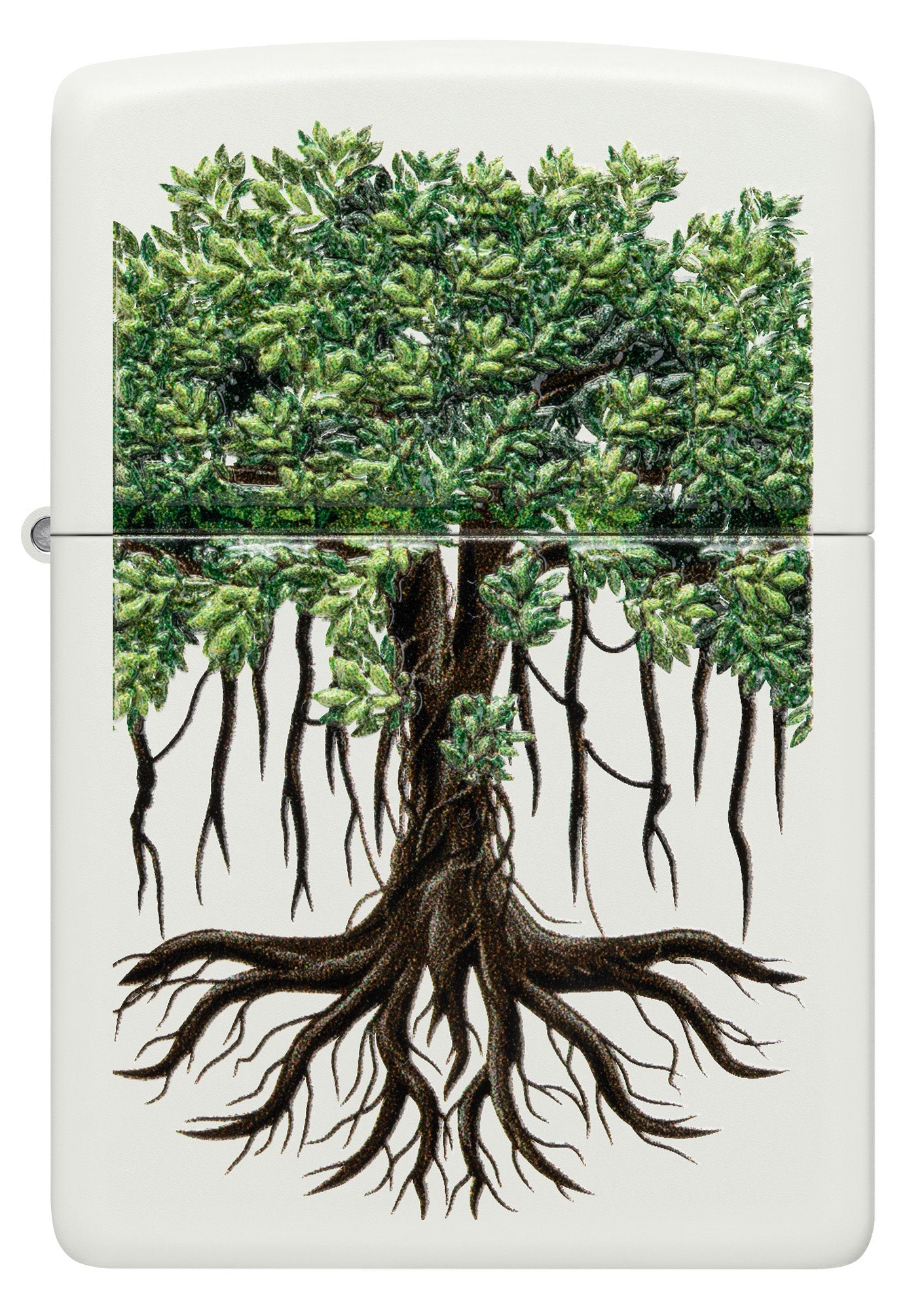 Front shot of Zippo Tree Life Design White Matte Windproof Lighter.