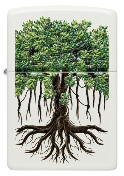 Front shot of Zippo Tree Life Design White Matte Windproof Lighter.