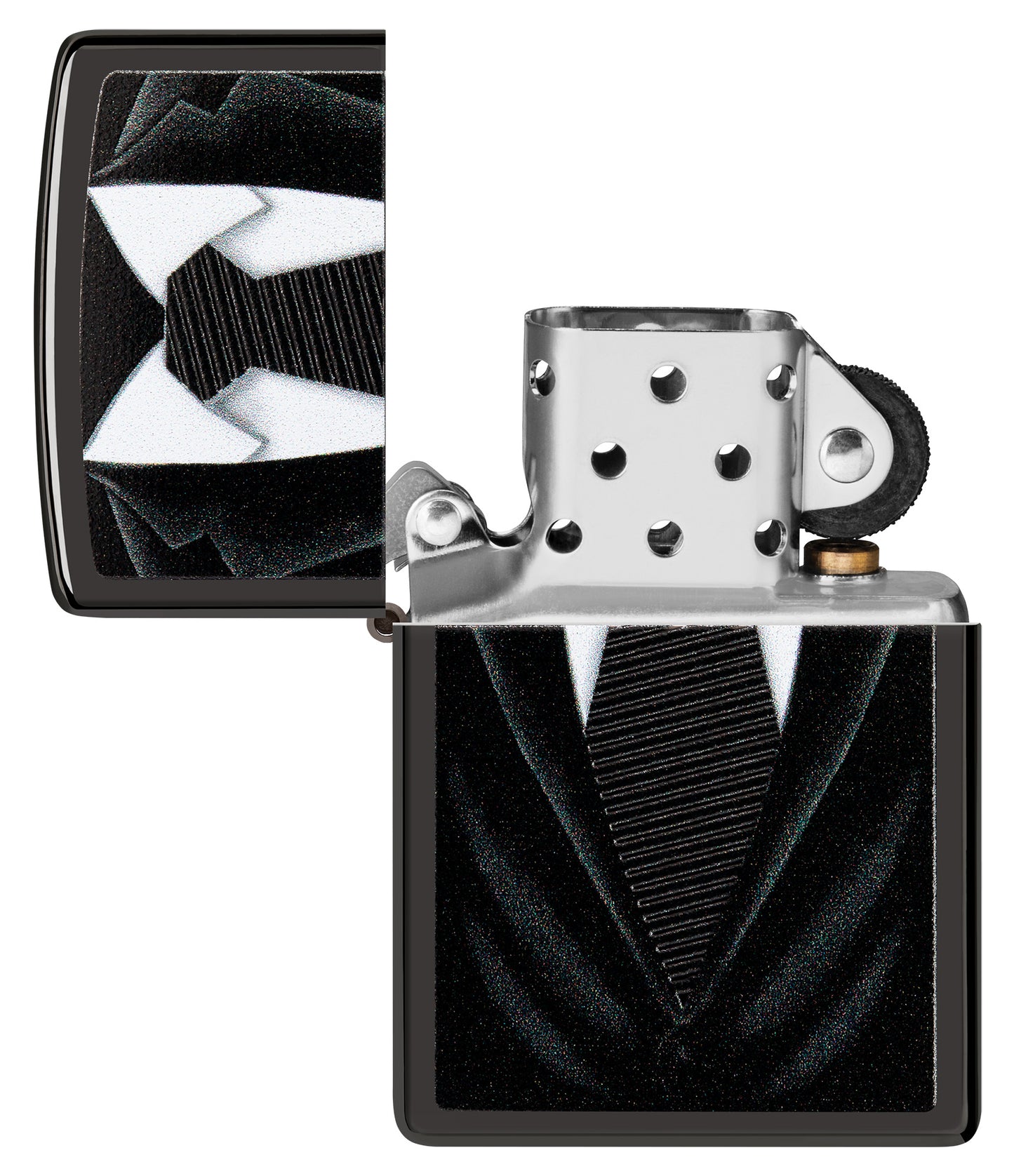 Black Tie Design Windproof Lighter with its lid open and unlit
