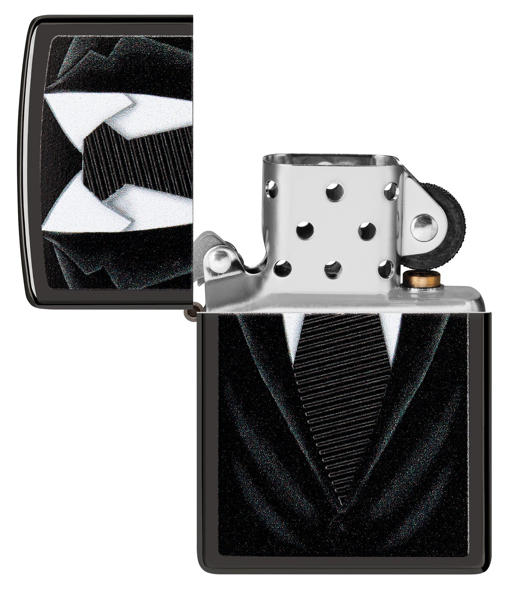 Black Tie Design Windproof Lighter with its lid open and unlit
