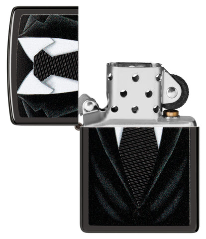 Black Tie Design Windproof Lighter with its lid open and unlit