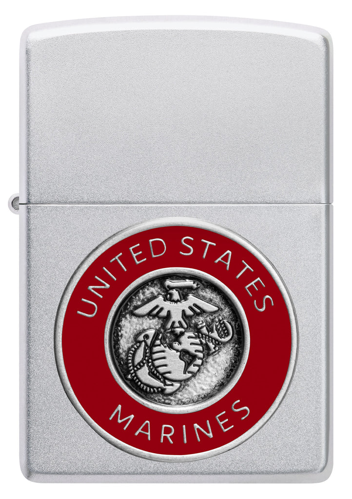Front view of Zippo United States Marines Emblem Satin Chrome Windproof Lighter.