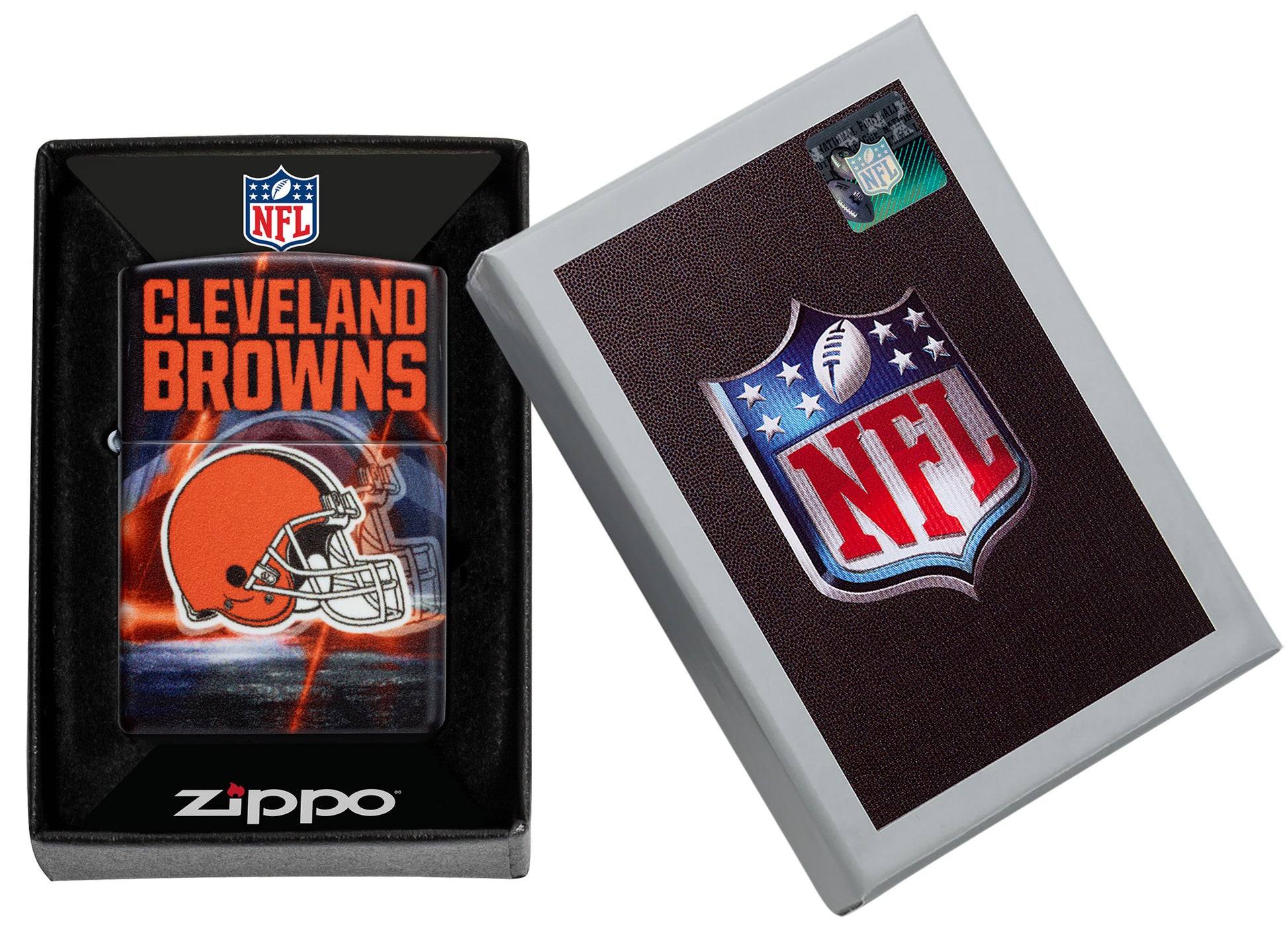 Zippo NFL Cleveland Browns 540 Matte Windproof Lighter in its packaging.