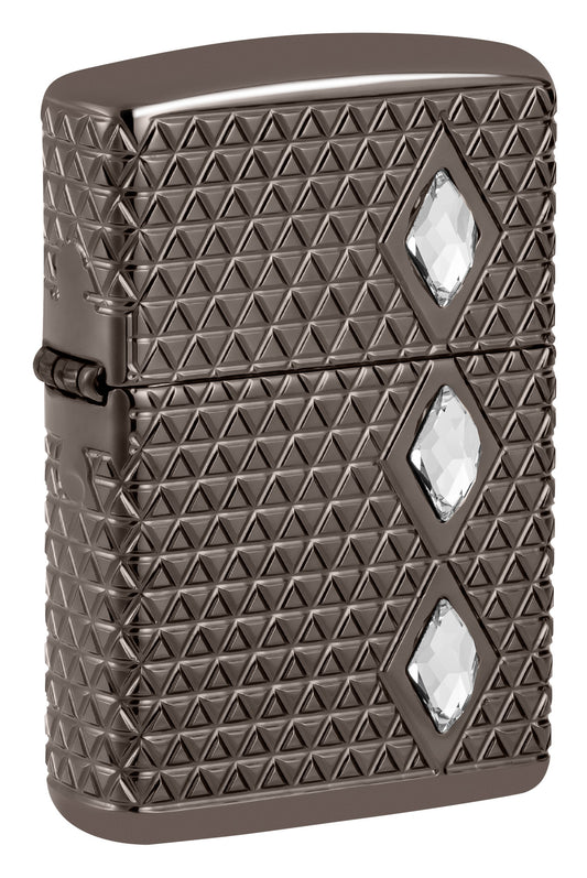 Front shot of Zippo Diamond Pattern Design ArmorÂ® Black IceÂ® Windproof Lighter standing at a 3/4 angle.