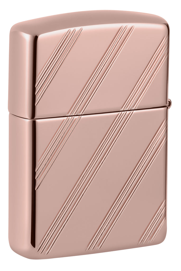 Back shot of Zippo Script Collectible Armor Rose Gold Windproof Lighter standing at a 3/4 angle.