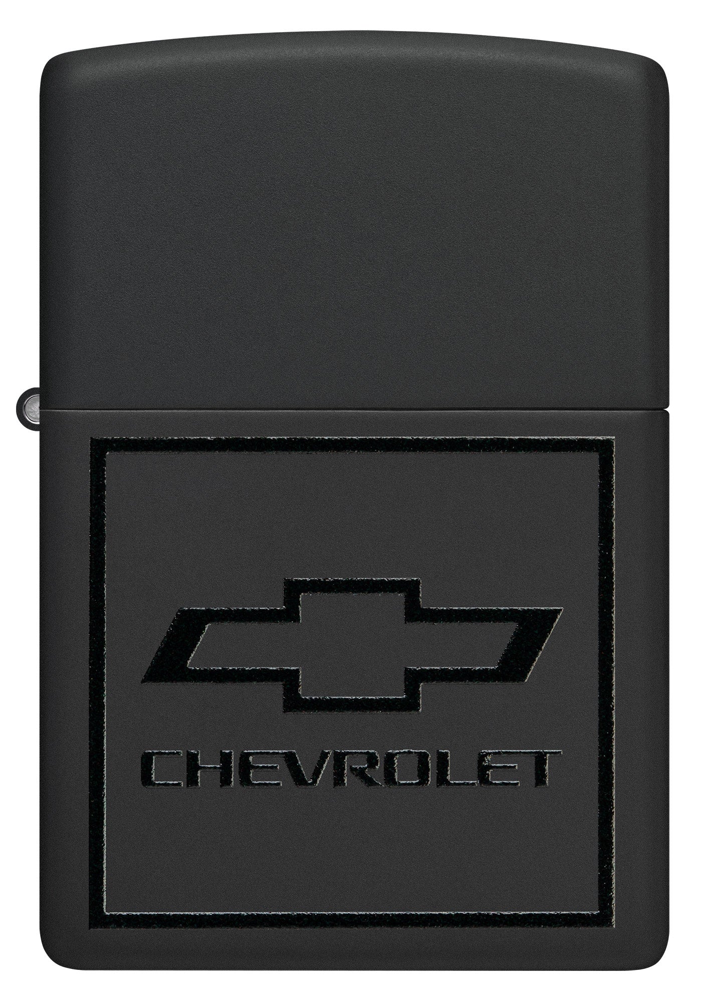 Front view of Zippo ChevroletÂ® Bowtie Design Black Matte Windproof Lighter.