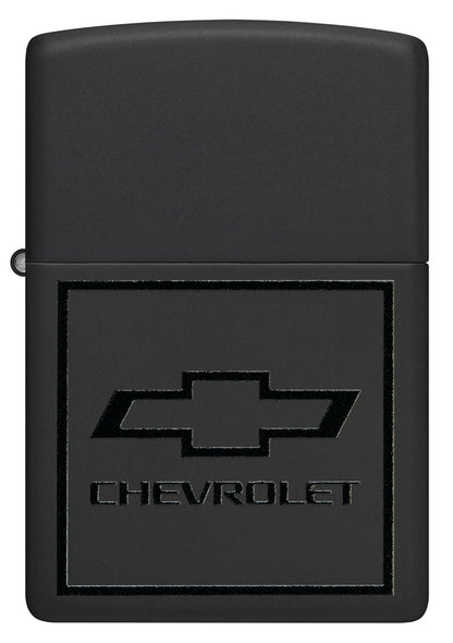 Front view of Zippo ChevroletÂ® Bowtie Design Black Matte Windproof Lighter.