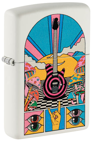 Front shot of Zippo Retro Music Design White Matte Windproof Lighter standing at a 3/4 angle.