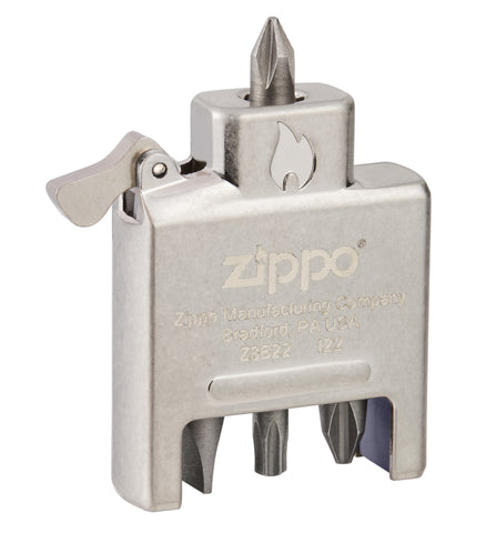 Zippo Bit Safe 4-in-1 Screwdriver Lighter Insert standing at a 3/4 angle with the Phillips head.