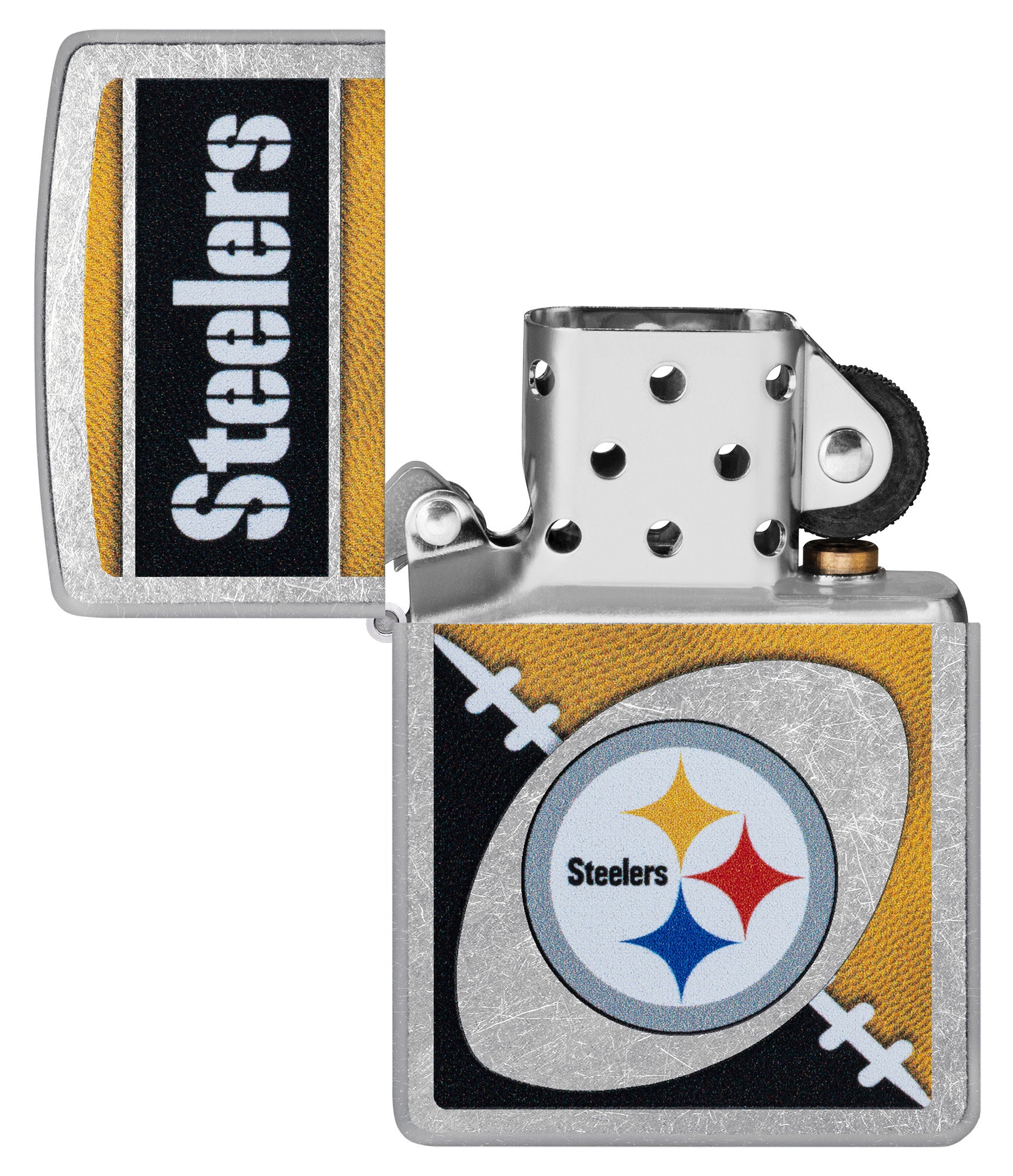 Zippo NFL Pittsburgh Steelers Street Chrome Windproof Lighter with its lid open and unlit.