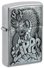Front shot of Zippo Design Brushed Chrome Windproof Lighter standing at a 3/4 angle.