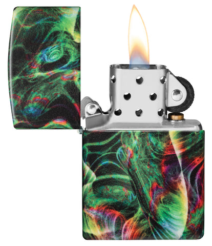 Zippo Psychedelic Swirl Design Glow in the Dark Green Matte Windproof Lighter with its lid open and lit.