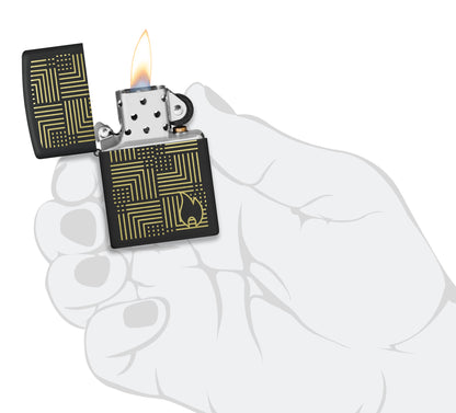 Zippo Reflection Design Black Matte Windproof Lighter lit in hand.