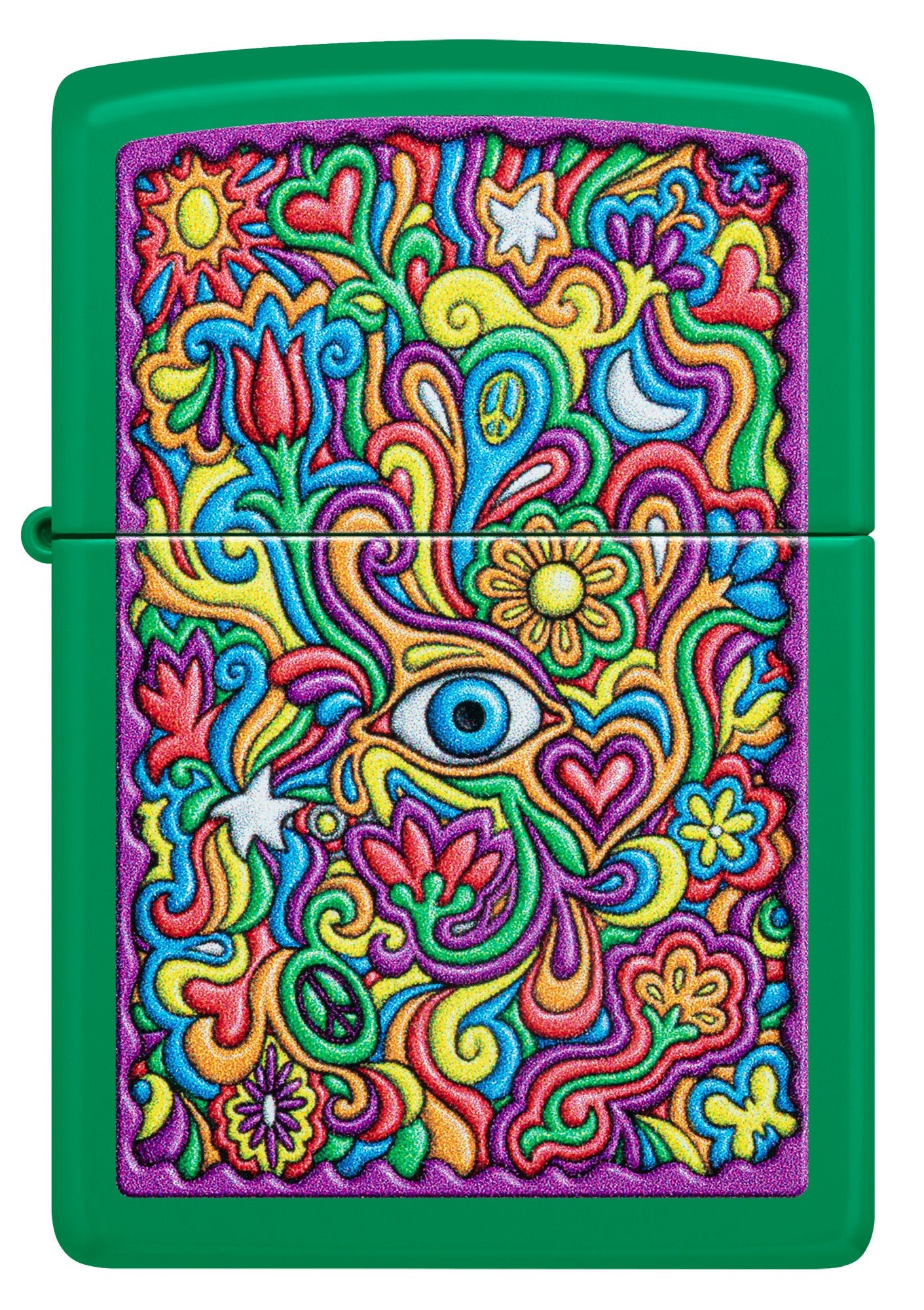 Front view of Zippo Trippy Design Grass Green Matte Windproof Lighter.