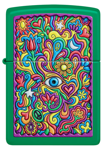 Front view of Zippo Trippy Design Grass Green Matte Windproof Lighter.