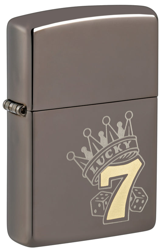 Front view of Zippo Lucky 7 Black Ice Windproof Lighter standing at a 3/4 angle.