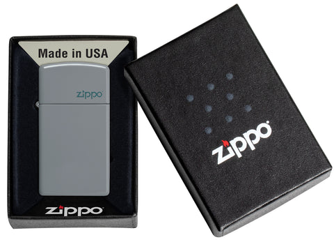 Slim® Flat Grey Zippo Logo Windproof Lighter in its packaging.