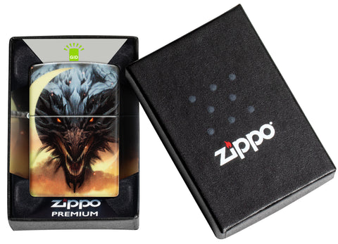 Zippo Dragon Design Glow in the Dark Green Matte Windproof Lighter in its packaging.