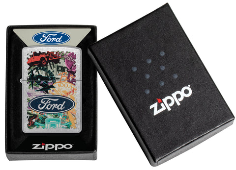 Zippo Ford Collage Street Chrome Pocket Lighter in its packaging.
