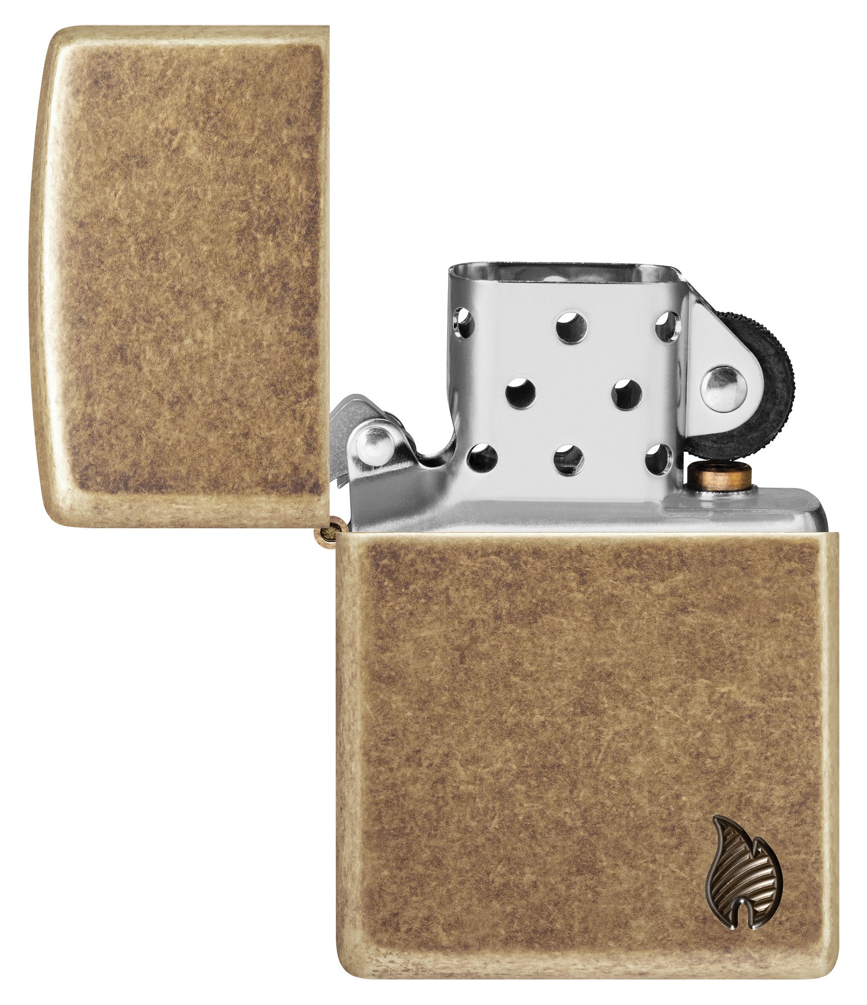 Zippo ArmorÂ® Series Flame Antique Brass Windproof Lighter with its lid open and unlit.