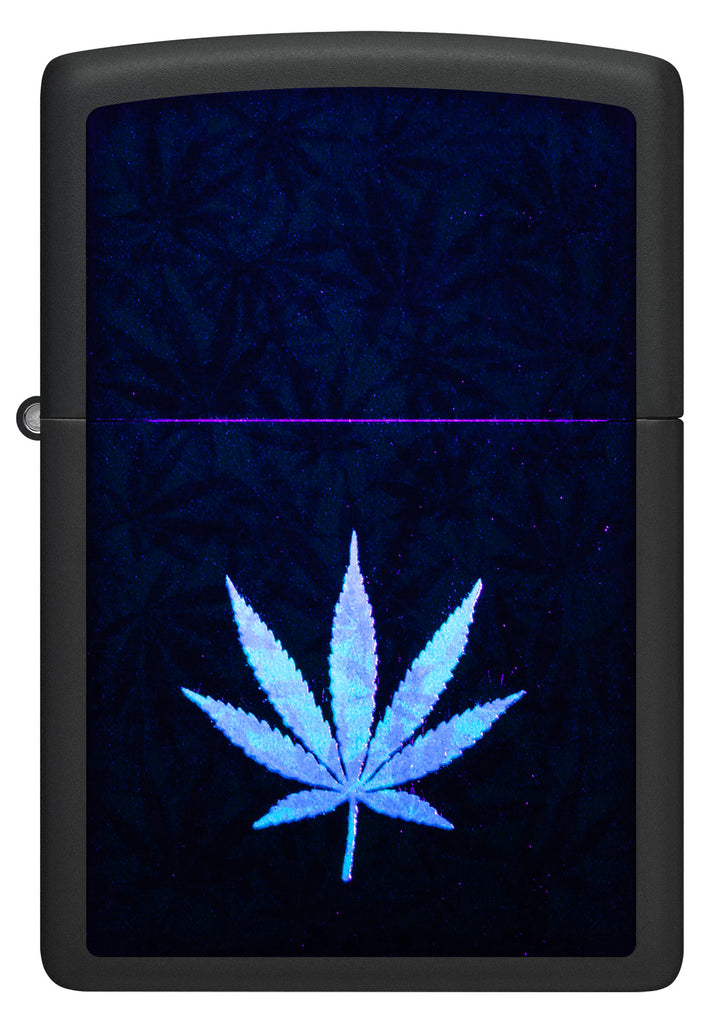 Front shot of Zippo Cannabis Design Black Light Black Matte Windproof Lighter glowing in a black light.