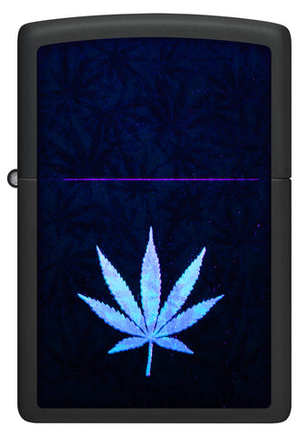 Front shot of Zippo Cannabis Design Black Light Black Matte Windproof Lighter glowing in a black light.