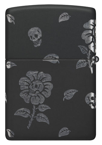 Back view of Zippo Flower Skulls Design Black Matte with Chrome Windproof Lighter.
