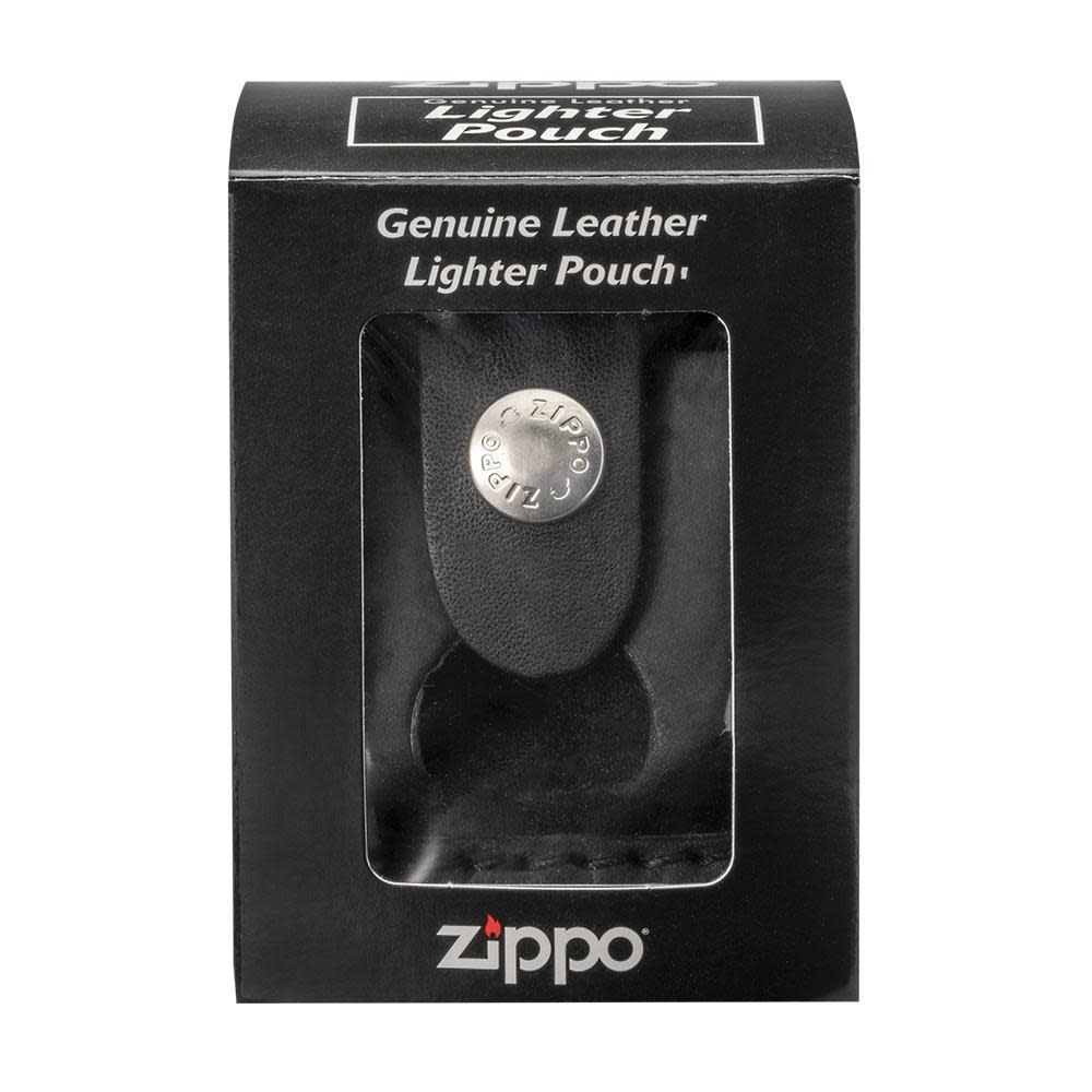 Front view of the Black Lighter Pouch with Thumb Notch buttoned in packaging