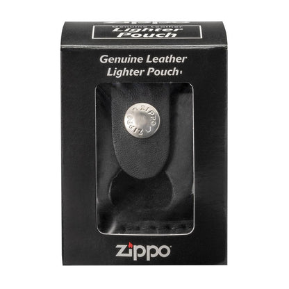 Front view of the Black Lighter Pouch with Thumb Notch buttoned in packaging