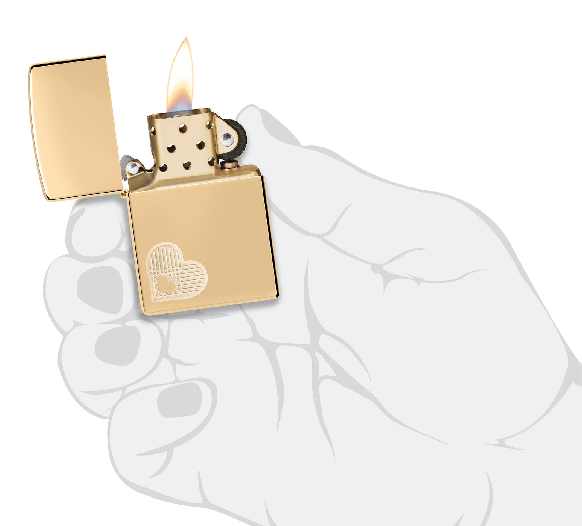 Zippo Double Hearts Design High Polish Brass Windproof Lighter lit in hand.