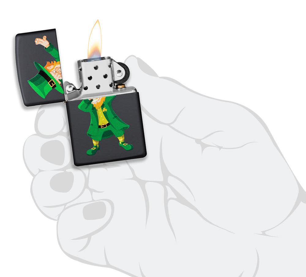 Dabbing Leprechaun Black Matte Windproof Lighter with its lid open and not lit