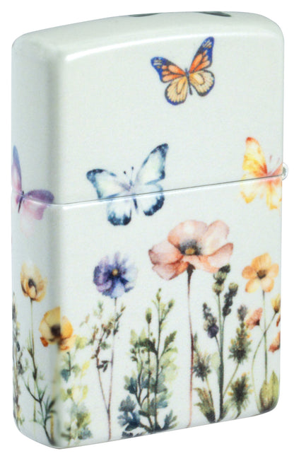Back shot of Zippo Glowing Butterflies Design Glow in the Dark Windproof Lighter standing at a 3/4 angle.